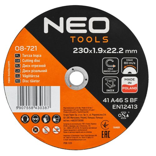 NEO TOOLS Vágókorong, fémhez, 230x1,9x22,2mm, 41A 46 S BF INOX, 25db/cs 08-721