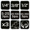 NEO TOOLS Nyomatékkulcs készlet 3db, 1/4"(5-23 Nm), 3/8"(20-120 Nm), 1/2"(60-330 Nm) 08-843