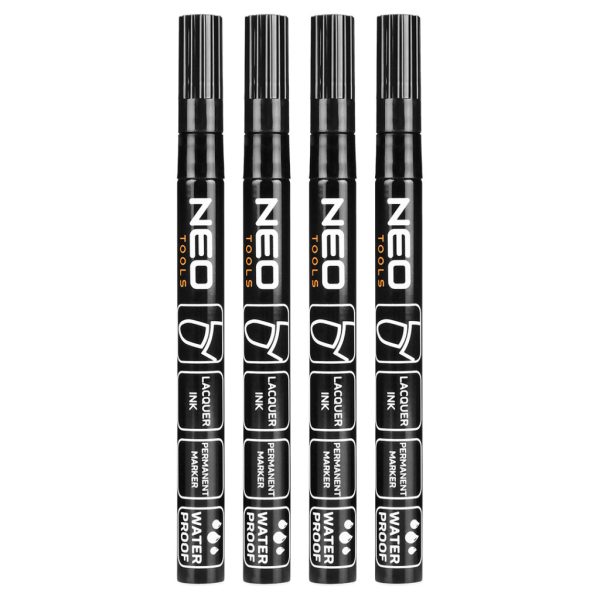 NEO TOOLS 4db jelölőfilc, lakkfilc, vízálló festékkel, alu festéktartály házzal, fekete, normál hegyű 13-852