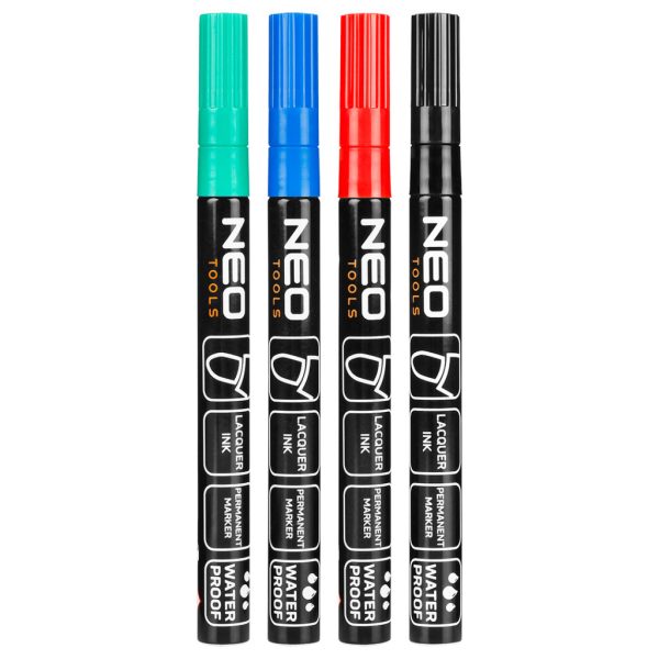 NEO TOOLS 4db jelölőfilc, lakkfilc, vízálló festékkel, alu festéktartály házzal, színes, normál hegyű 13-853
