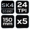 NEO TOOLS Fémfűrészlap készlet 150mm, 5db, 24TPI, egyoldalas 43-350