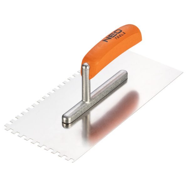 NEO TOOLS Acél simító, fogazott, rozsdamentes, 270x128mm, 6x6x6mm, fa markolat 50-162