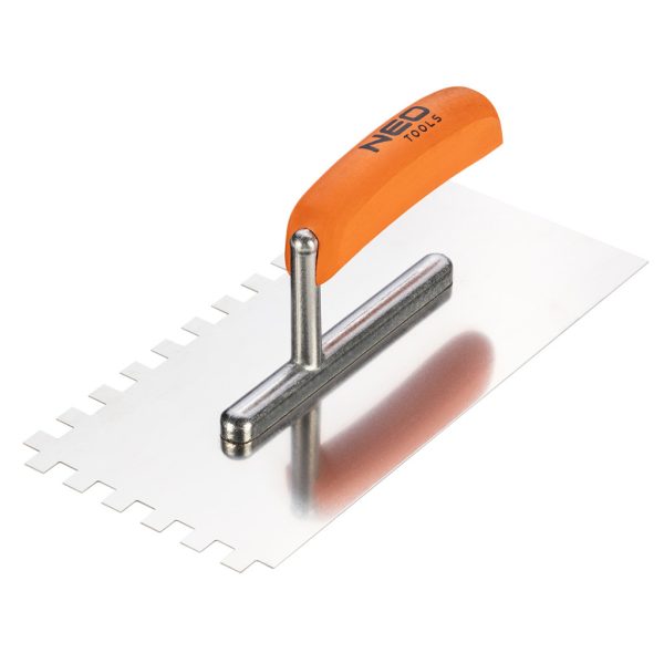 NEO TOOLS Acél simító, fogazott, rozsdamentes, 270x128mm, 10x10x10mm, fa markolat 50-164