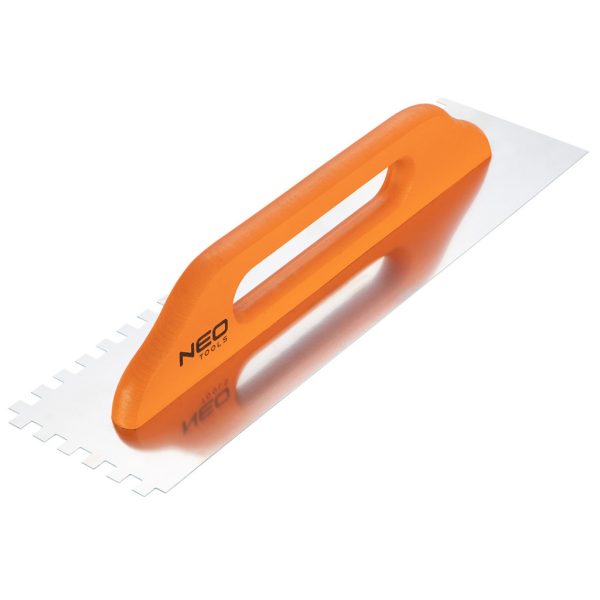 NEO TOOLS Acél simító, fogazott, rozsdamentes, 480x128mm, 10x10x10mm, fa markolat 50-183