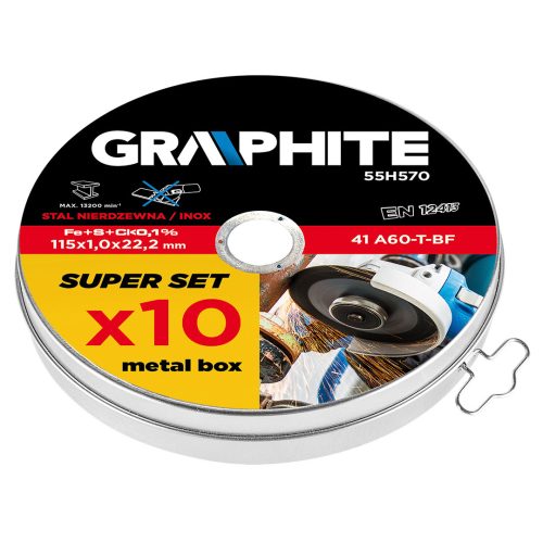 GRAPHITE Vágókorong fémhez 115x1.0x22.2mm, 10db, 41 A60-T-BF, INOX 55H570
