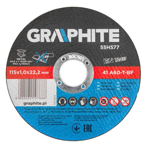 GRAPHITE Vágókorong, fémhez, 115x1x22.2 mm, 41 A60-T-BF, 10db 55H577