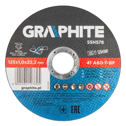 GRAPHITE Vágókorong, fémhez, 125 x1x 22.2 mm, 41 A60-T-BF, 10db 55H578