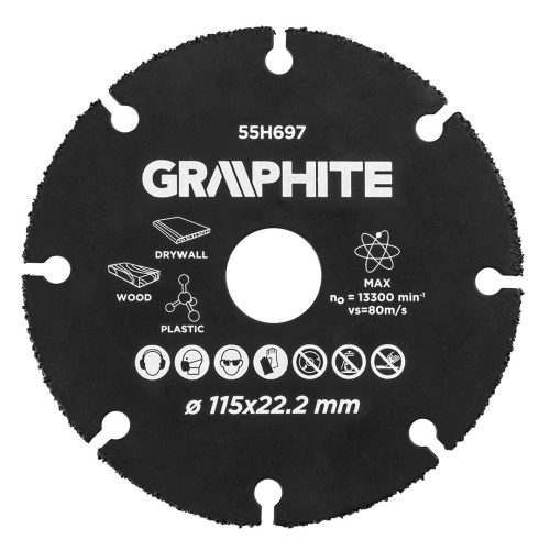 GRAPHITE Vágókorong, fához, műanyaghoz, volfrámkarbid, 115x22.2mm 55H697