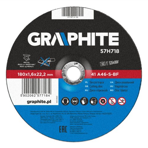 GRAPHITE Vágókorong fémhez 180x1.6x22mm 57H718