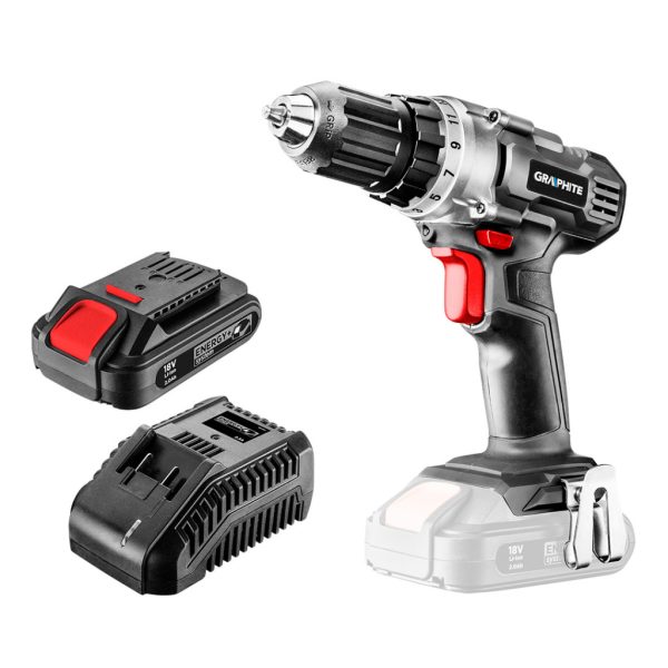 GRAPHITE Akkus fúró Energy+, 18V/2Ah, 10mm gyorstokmány, akku+töltő! 3 év garanciával 58G000-SET1