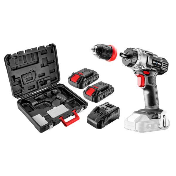 GRAPHITE Akkus fúró Energy+, 2db akku+töltő!, 18V/2Ah, levehető fúrótokmány 10mm, koffer 3 év garanciával 58G022-SET2