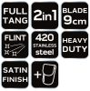 NEO TOOLS Taktikai kés, full-tang, teljes hossz 20cm, rozsdamentes acél, kovakő tűzgyújtáshoz, 9cm penge hossz 63-109