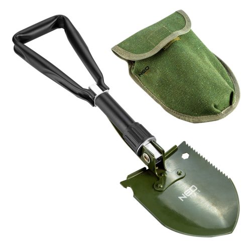 NEO TOOLS Összecsukható tábori ásó, fejben elrejtett szerszámokkal: ásó, csákány, palacknyitó, fűrész, csavarkulcs 10mm 63-121