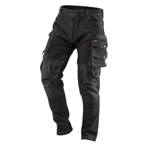 NEO TOOLS Farmer Munkásnadrág, DENIM, fekete, 98% pamut, térdvédő zseb, gombos oldalzsebek, 255 g/m2, S 81-236-S