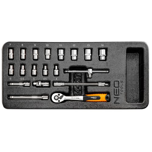 NEO TOOLS Dugókulcskészlet 1/4", 19db, 4-14mm, műhelykocsitálcával 25 év garanciával 84-237