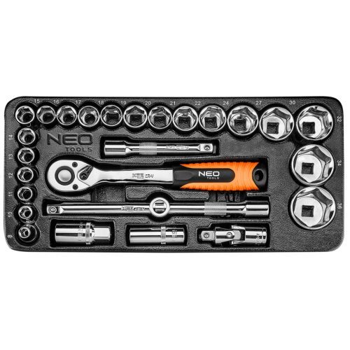 NEO TOOLS Dugókulcskészlet 1/2", 27db, 10-26mm, műhelykocsitálcával 25 év garanciával 84-238