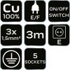 NEO TOOLS Hálózati elosztó, kapcsolós, 5 aljzat, 3m/ 3x1,5mm2 kábel, fehér 90-179