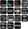 NEO TOOLS Akkus műhely-vizsgálólámpa, lézer, UV, tölthető, 450lum COB LED, 10W 99-077