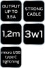 NEO TOOLS USB töltőkábel, 3az 1ben, 1.2m, USB-A bemenet, USB-C, Lightning, Micro USB kimenetek GD038